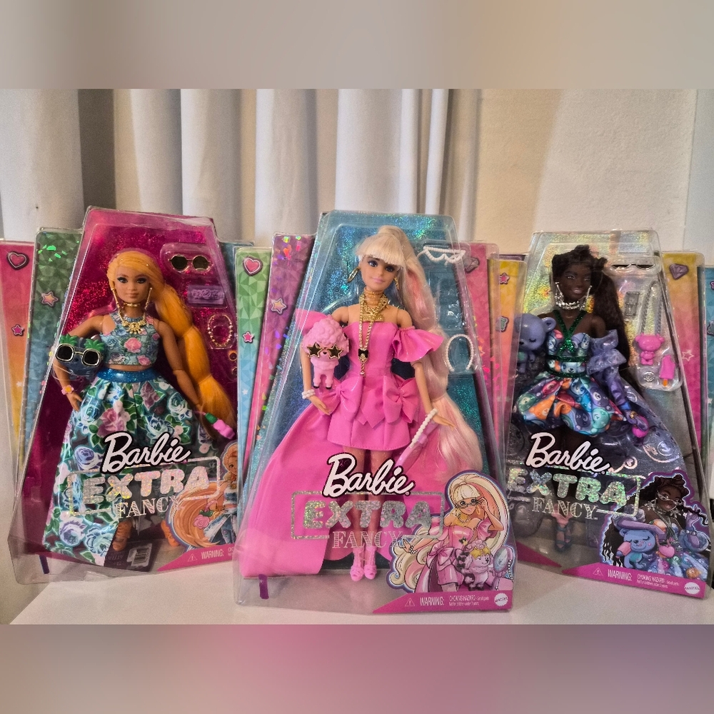 Barbie EXTRA FANCY dolls, Lot Of 3 , Pink , Blue And Purple Dress